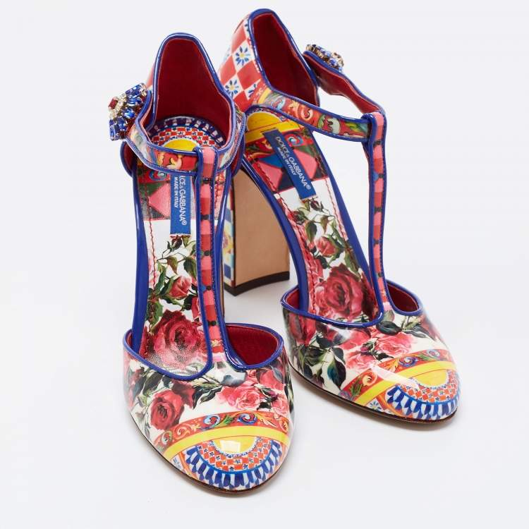 مملوكة مسبقًا Dolce & Gabbana Multicolor Floral Print Patent Leather Embellished T-Strap Pumps Size 36.5
