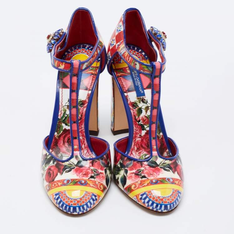 مملوكة مسبقًا Dolce & Gabbana Multicolor Floral Print Patent Leather Embellished T-Strap Pumps Size 36.5