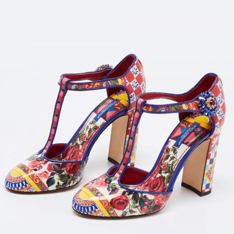 مملوكة مسبقًا Dolce & Gabbana Multicolor Floral Print Patent Leather Embellished T-Strap Pumps Size 36.5
