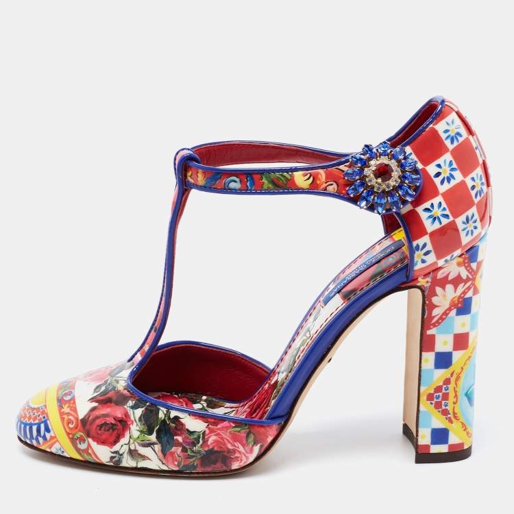 مملوكة مسبقًا Dolce & Gabbana Multicolor Floral Print Patent Leather Embellished T-Strap Pumps Size 36.5