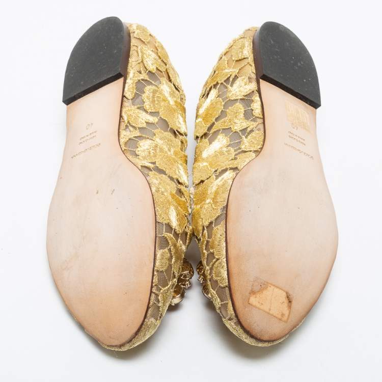 Pre Owned Dolce & Gabbana Gold Lace Taormina Crystal Embellished Ballet Flats Size 40