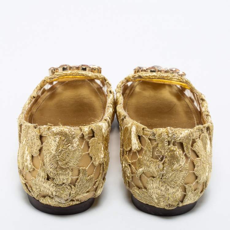 Pre Owned Dolce & Gabbana Gold Lace Taormina Crystal Embellished Ballet Flats Size 40