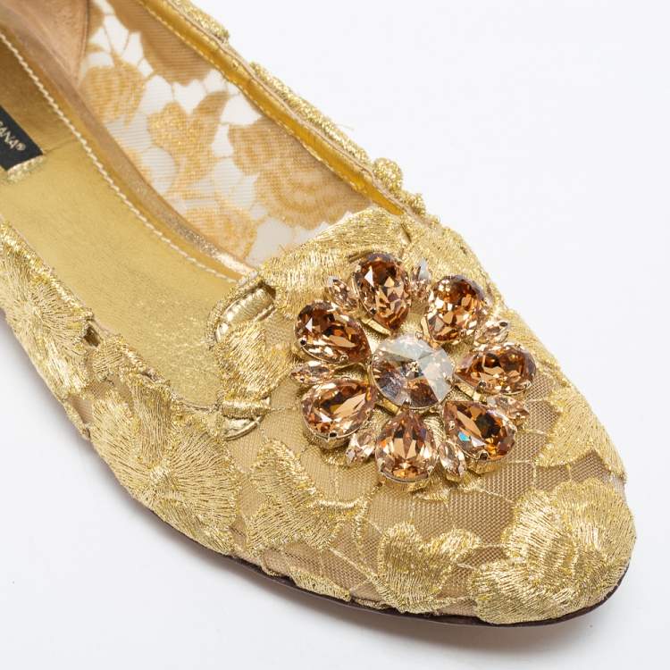 Pre Owned Dolce & Gabbana Gold Lace Taormina Crystal Embellished Ballet Flats Size 40