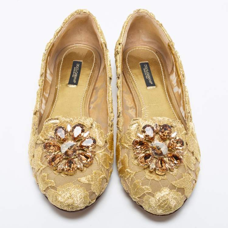 Pre Owned Dolce & Gabbana Gold Lace Taormina Crystal Embellished Ballet Flats Size 40
