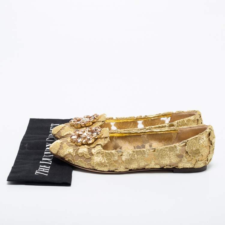 Pre Owned Dolce & Gabbana Gold Lace Taormina Crystal Embellished Ballet Flats Size 40