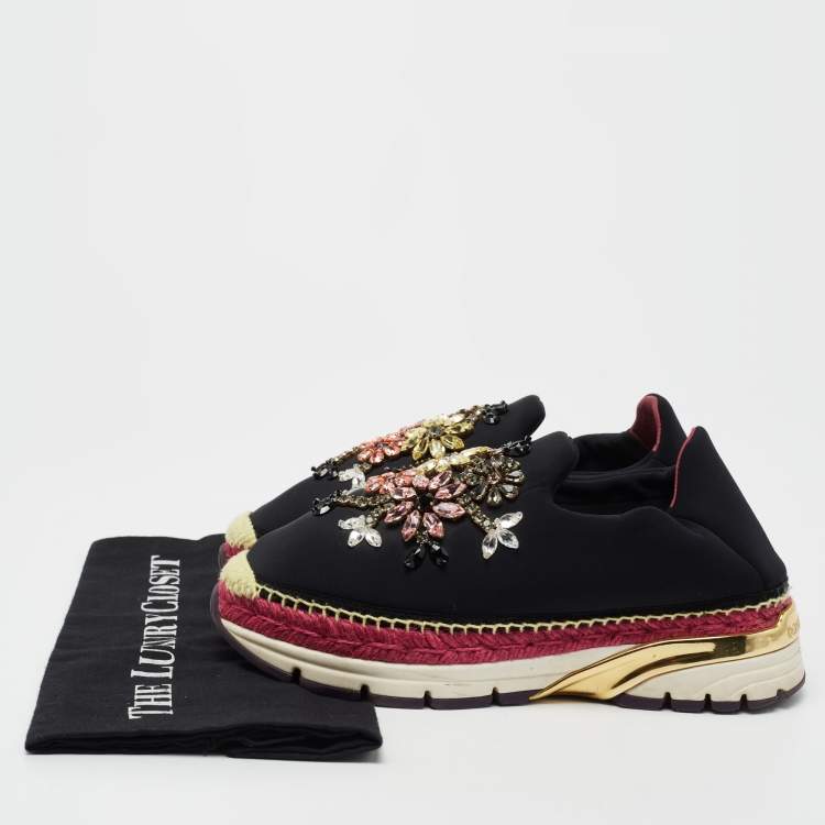 Pre Owned Dolce & Gabbana Black Fabric Crystal Embellished Slip On Sneakers Size 38