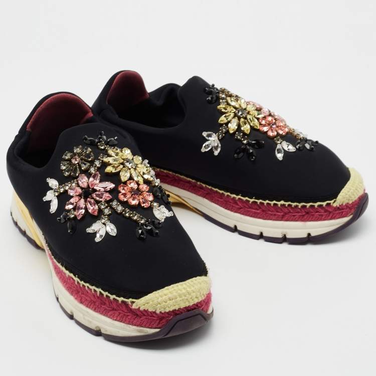 Pre Owned Dolce & Gabbana Black Fabric Crystal Embellished Slip On Sneakers Size 38
