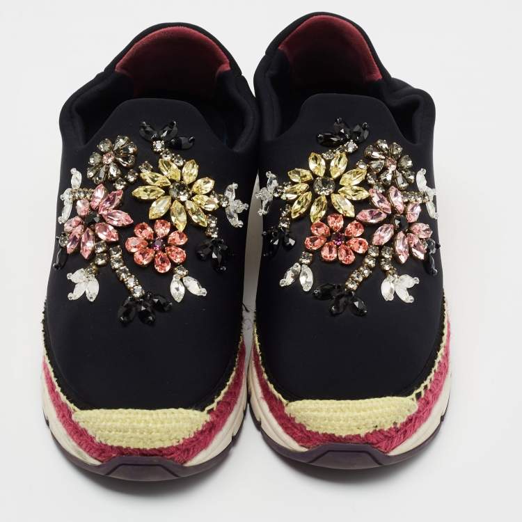Pre Owned Dolce & Gabbana Black Fabric Crystal Embellished Slip On Sneakers Size 38