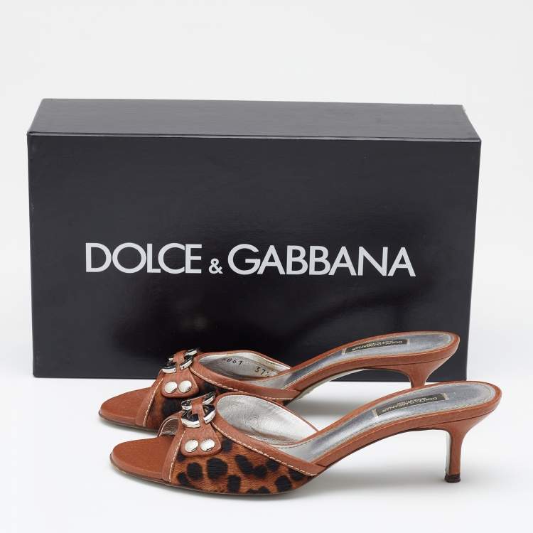 Pre Owned Dolce & Gabbana Brown Leather and Leopard Print Calf Hair Logo Slide Sandals Size 37.5