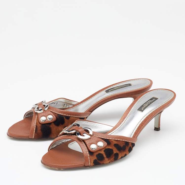 Pre Owned Dolce & Gabbana Brown Leather and Leopard Print Calf Hair Logo Slide Sandals Size 37.5