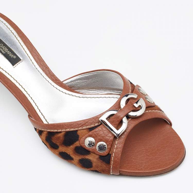 Pre Owned Dolce & Gabbana Brown Leather and Leopard Print Calf Hair Logo Slide Sandals Size 37.5