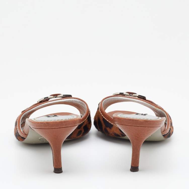 Pre Owned Dolce & Gabbana Brown Leather and Leopard Print Calf Hair Logo Slide Sandals Size 37.5
