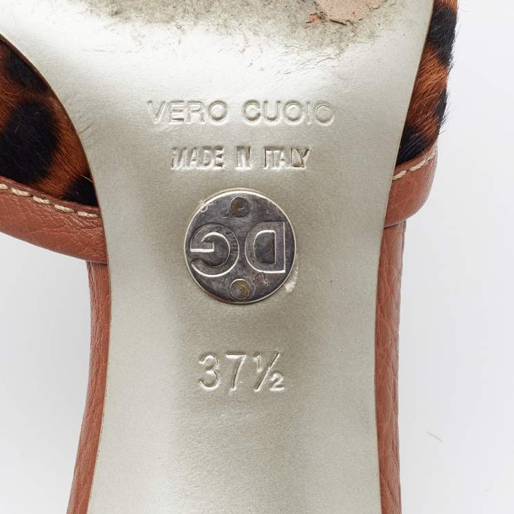 Pre Owned Dolce & Gabbana Brown Leather and Leopard Print Calf Hair Logo Slide Sandals Size 37.5
