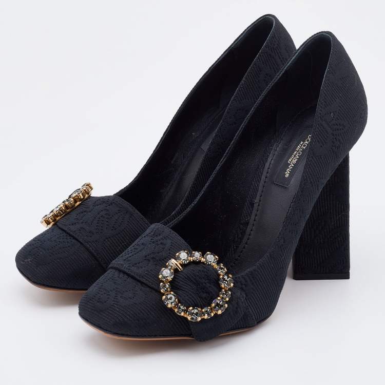 مملوكة مسبقًا Dolce & Gabbana Black Jacquard Embellished Block Heel Pumps Size 38.5