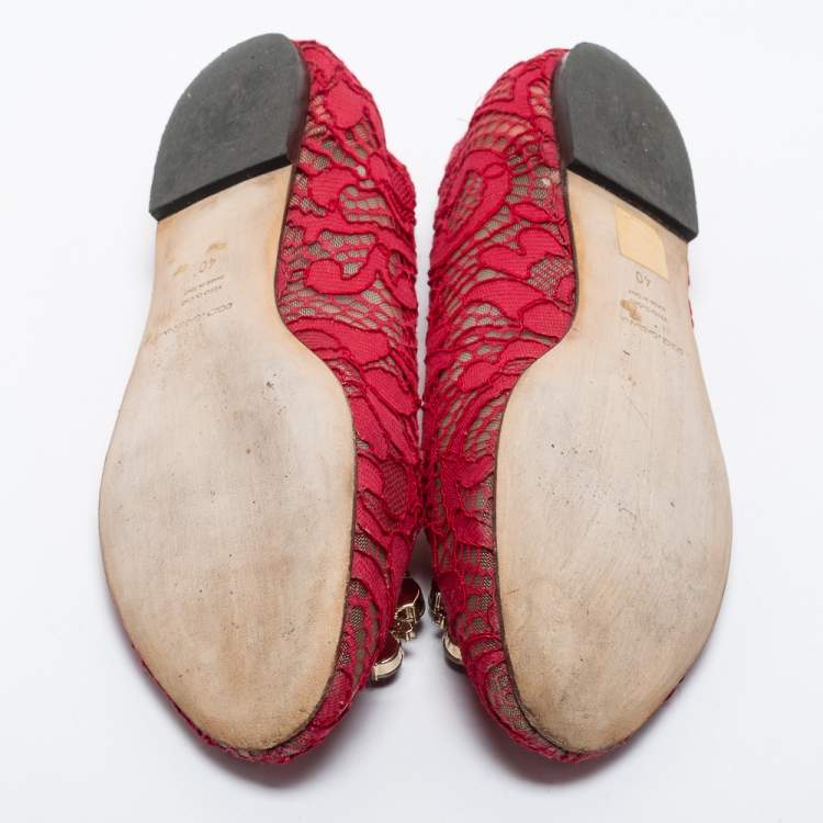 Pre Owned Dolce & Gabbana Red Lace/Mesh Taormina Jeweled Embellishment Ballet Flats Size 40