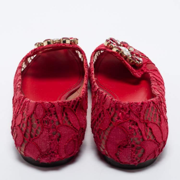 Pre Owned Dolce & Gabbana Red Lace/Mesh Taormina Jeweled Embellishment Ballet Flats Size 40