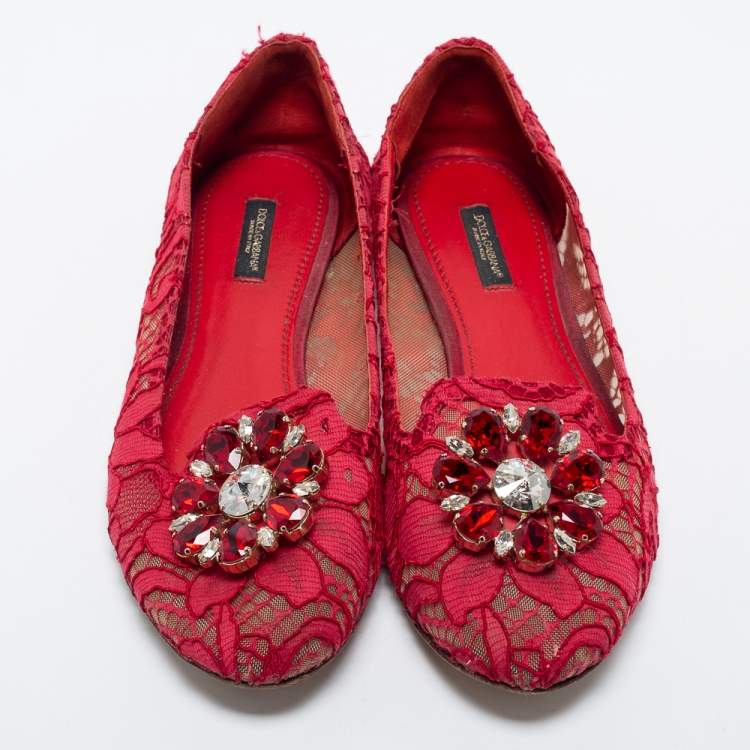 Pre Owned Dolce & Gabbana Red Lace/Mesh Taormina Jeweled Embellishment Ballet Flats Size 40