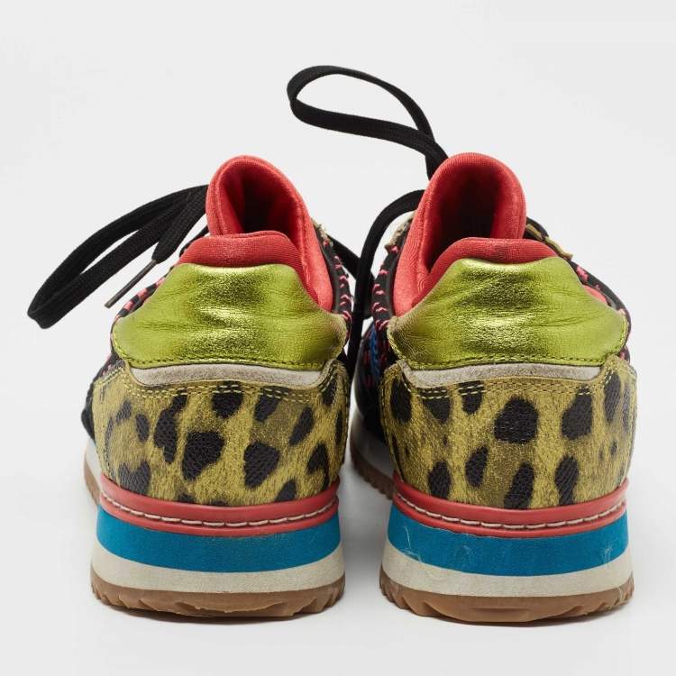 Pre Owned Dolce & Gabbana Multicolor Leather and Fabric  Lace Up Sneakers Size 37