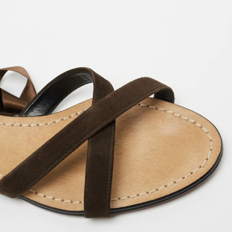 Pre Owned Dolce & Gabbana Brown Suede and Satin Ankle Wrap Flat Sandals Size 37
