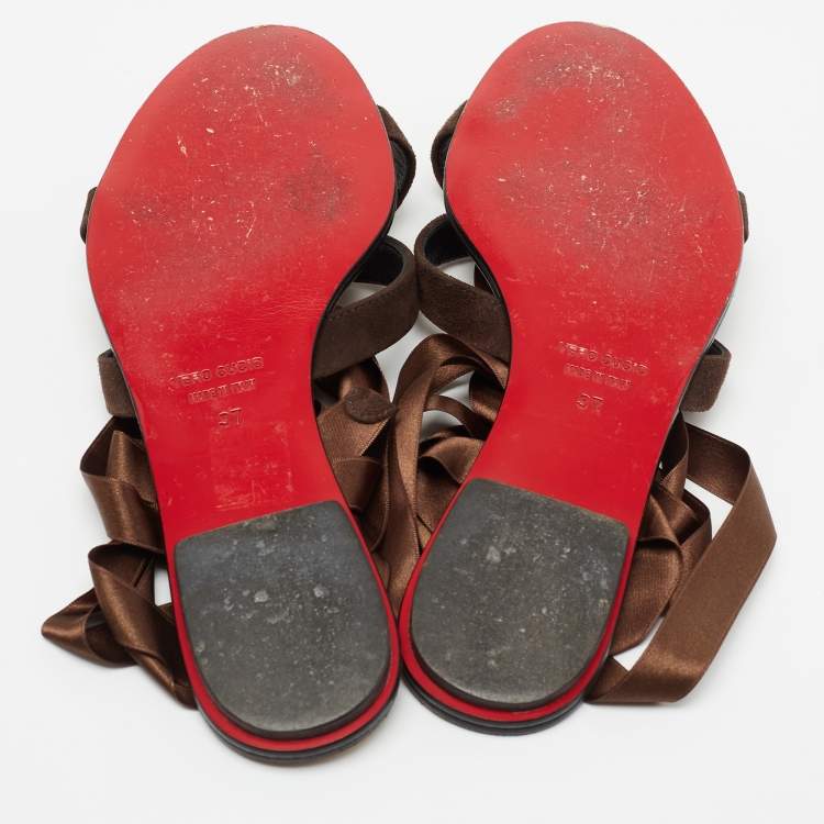 Pre Owned Dolce & Gabbana Brown Suede and Satin Ankle Wrap Flat Sandals Size 37