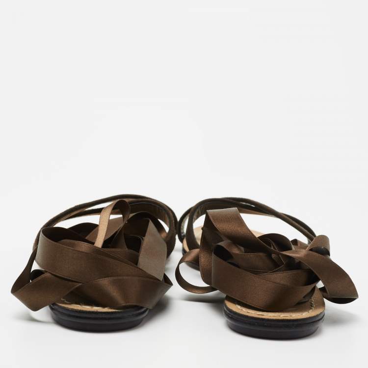 Pre Owned Dolce & Gabbana Brown Suede and Satin Ankle Wrap Flat Sandals Size 37
