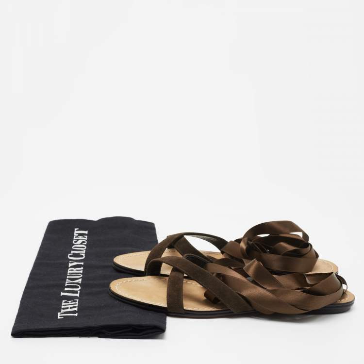 Pre Owned Dolce & Gabbana Brown Suede and Satin Ankle Wrap Flat Sandals Size 37