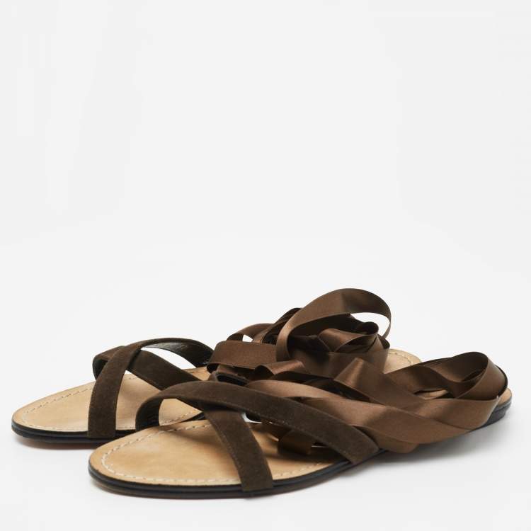 Pre Owned Dolce & Gabbana Brown Suede and Satin Ankle Wrap Flat Sandals Size 37