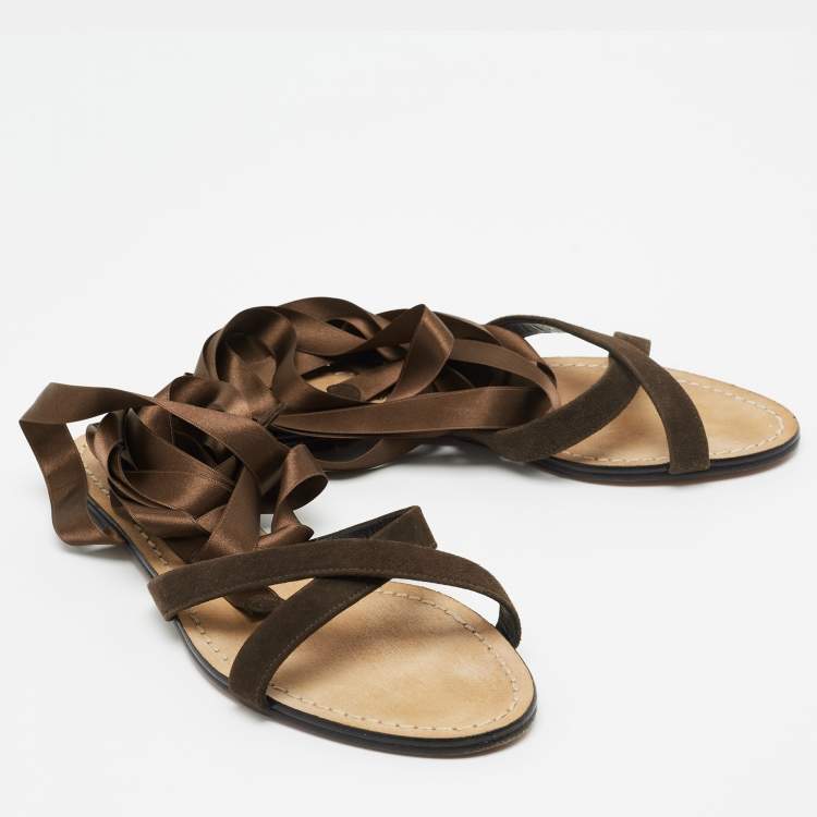 Pre Owned Dolce & Gabbana Brown Suede and Satin Ankle Wrap Flat Sandals Size 37