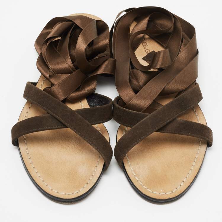 Pre Owned Dolce & Gabbana Brown Suede and Satin Ankle Wrap Flat Sandals Size 37