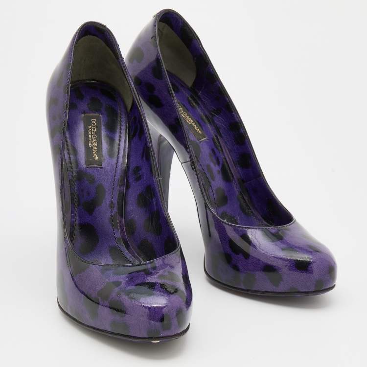 Pre Owned Dolce & Gabbana Purple/Black Leopard Print Patent Leather Platform Pumps Size 37