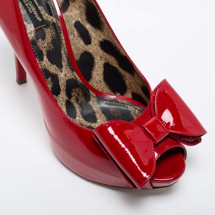Pre Owned Dolce & Gabbana Red Patent Leather Bow Peep Toe Pumps Size 40