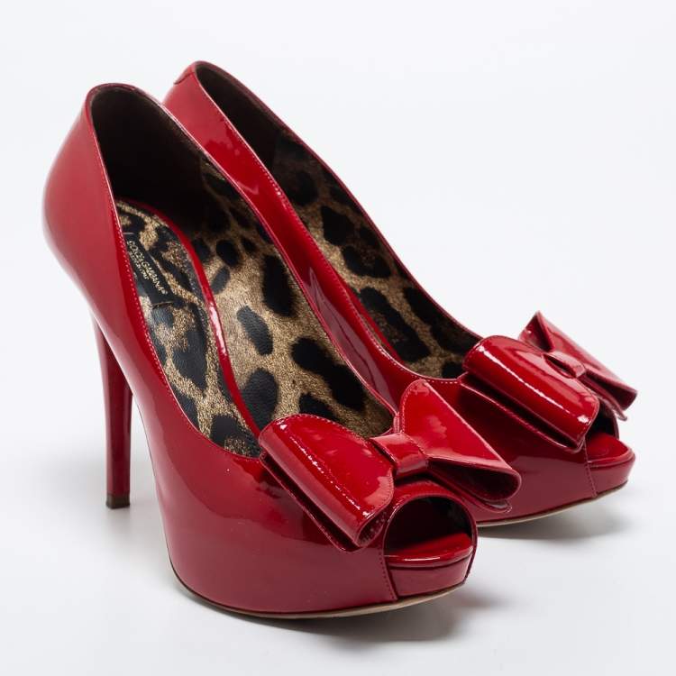 Pre Owned Dolce & Gabbana Red Patent Leather Bow Peep Toe Pumps Size 40