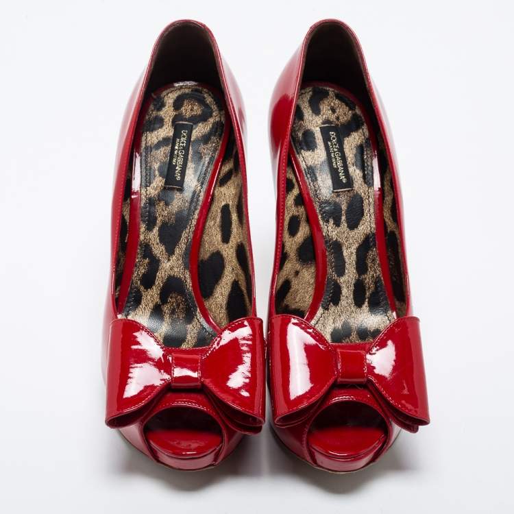 Pre Owned Dolce & Gabbana Red Patent Leather Bow Peep Toe Pumps Size 40