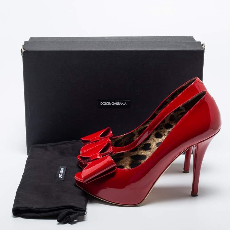 Pre Owned Dolce & Gabbana Red Patent Leather Bow Peep Toe Pumps Size 40