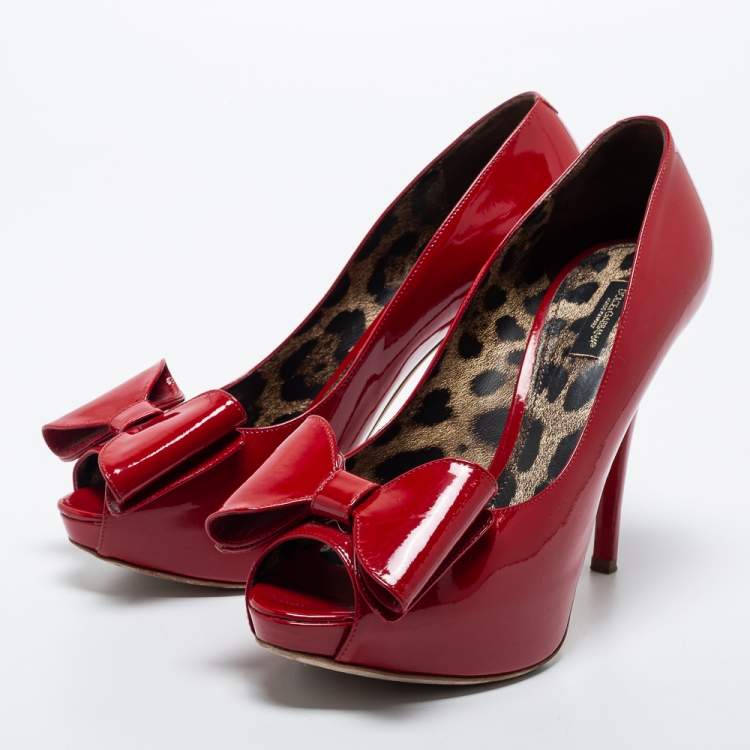 Pre Owned Dolce & Gabbana Red Patent Leather Bow Peep Toe Pumps Size 40