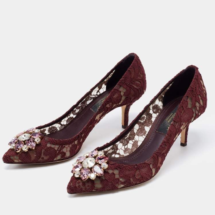Pre Owned Dolce & Gabbana Brown Lace Belluci Embellished Pointed Toe Pumps Size 38