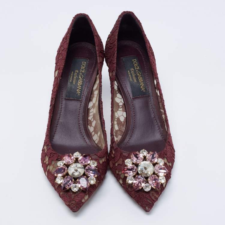 Pre Owned Dolce & Gabbana Brown Lace Belluci Embellished Pointed Toe Pumps Size 38