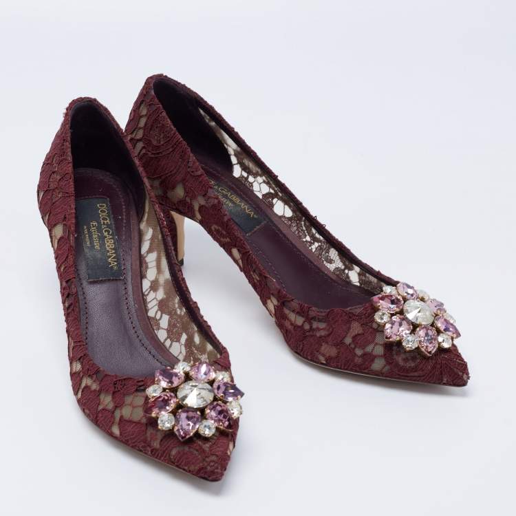 Pre Owned Dolce & Gabbana Brown Lace Belluci Embellished Pointed Toe Pumps Size 38