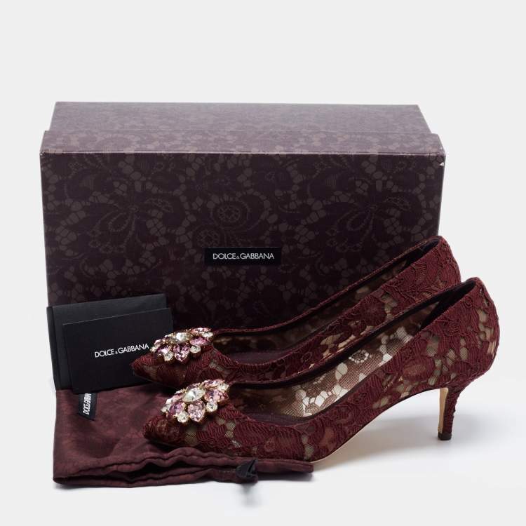 Pre Owned Dolce & Gabbana Brown Lace Belluci Embellished Pointed Toe Pumps Size 38