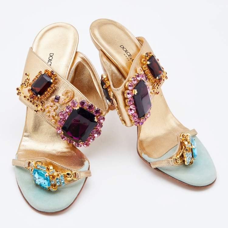 Pre Owned Dolce & Gabbana Metallic Gold Leather Embellished Slide Sandals Size 38
