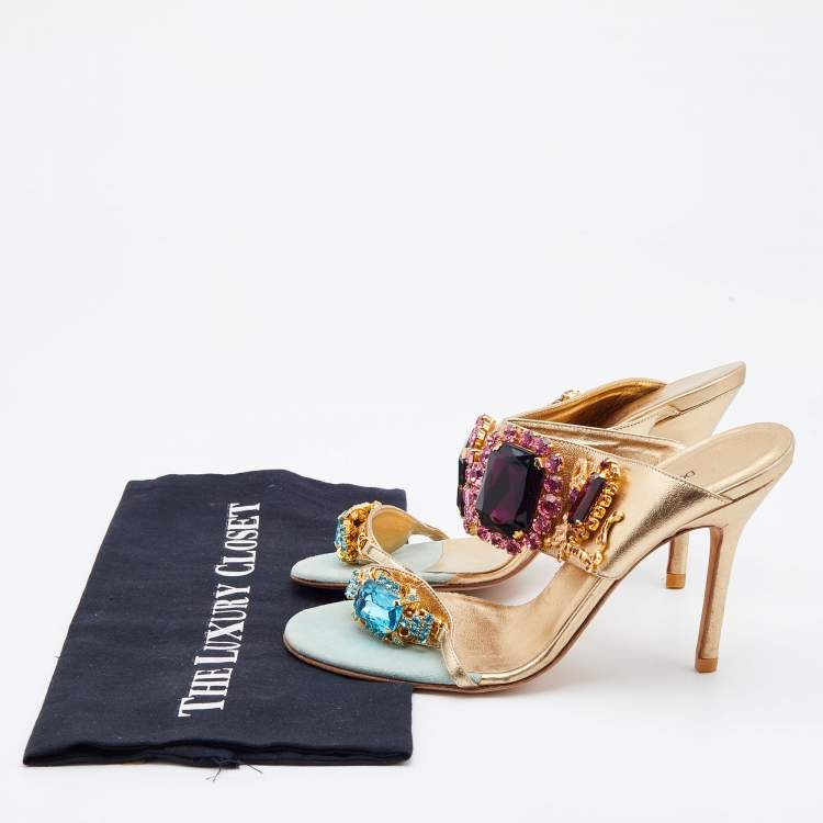 Pre Owned Dolce & Gabbana Metallic Gold Leather Embellished Slide Sandals Size 38