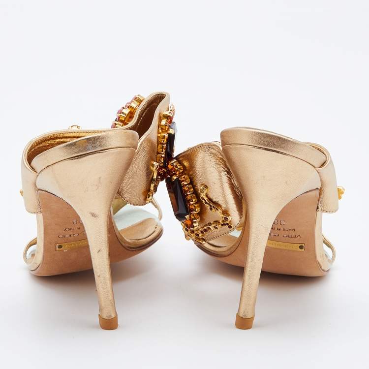 Pre Owned Dolce & Gabbana Metallic Gold Leather Embellished Slide Sandals Size 38