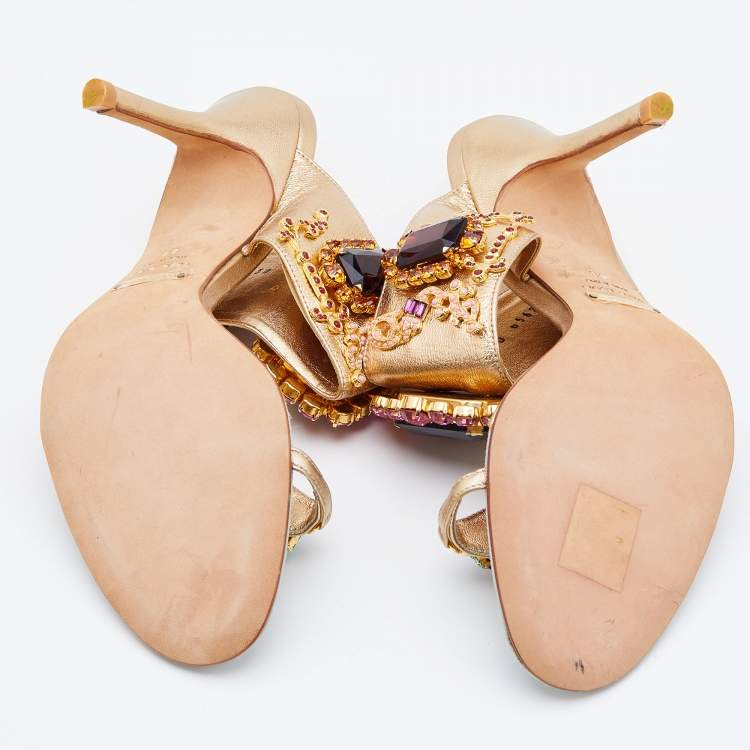 Pre Owned Dolce & Gabbana Metallic Gold Leather Embellished Slide Sandals Size 38