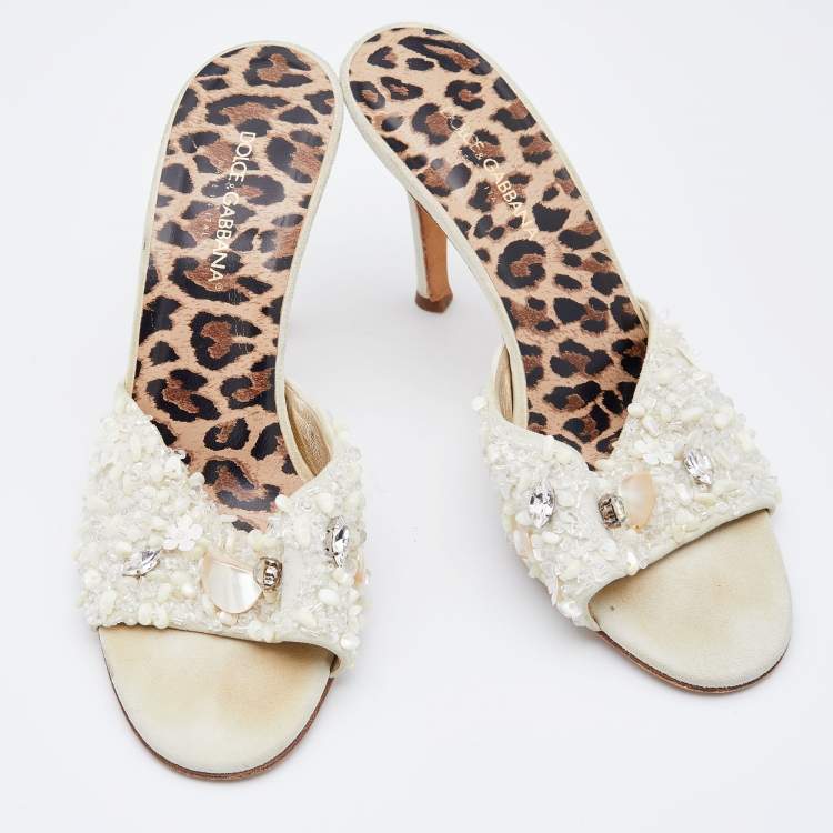 Pre Owned Dolce & Gabbana White Embellished Suede Slide Sandals Size 38