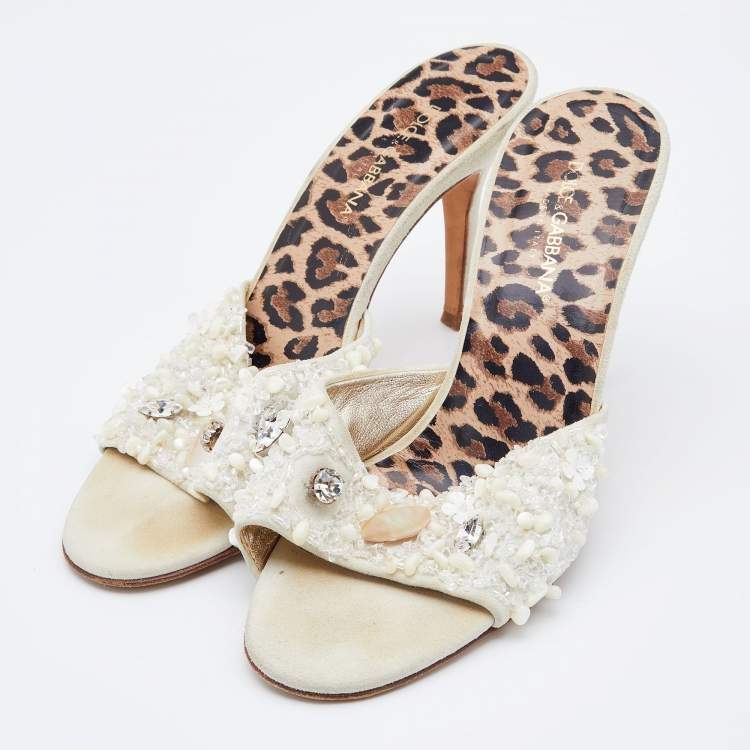 Pre Owned Dolce & Gabbana White Embellished Suede Slide Sandals Size 38