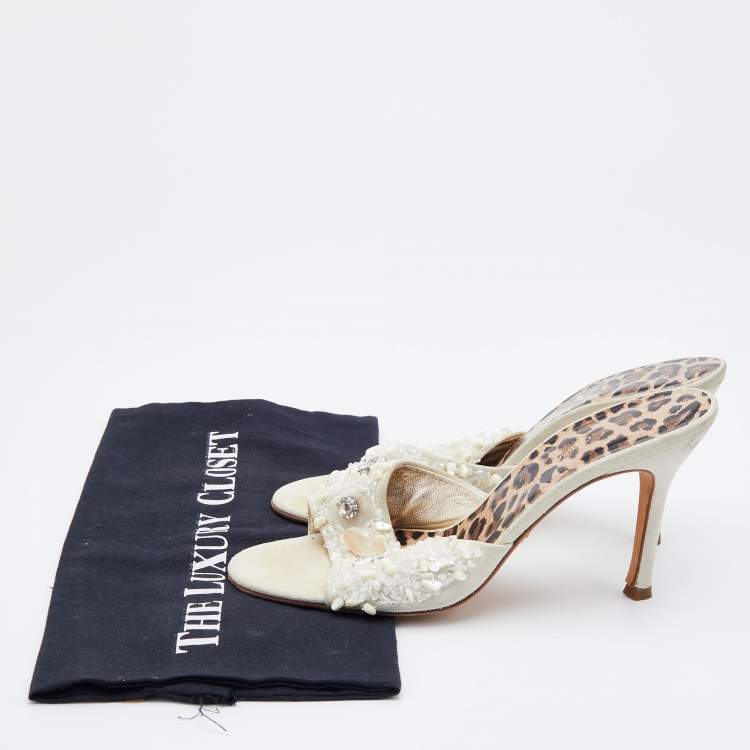 Pre Owned Dolce & Gabbana White Embellished Suede Slide Sandals Size 38