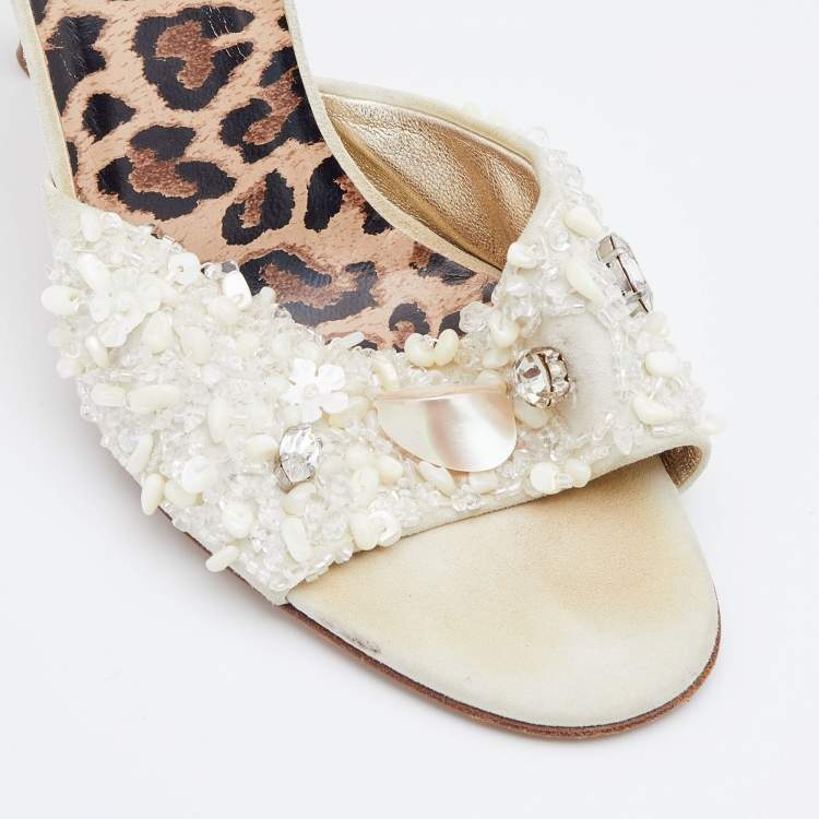 Pre Owned Dolce & Gabbana White Embellished Suede Slide Sandals Size 38