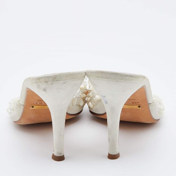 Pre Owned Dolce & Gabbana White Embellished Suede Slide Sandals Size 38