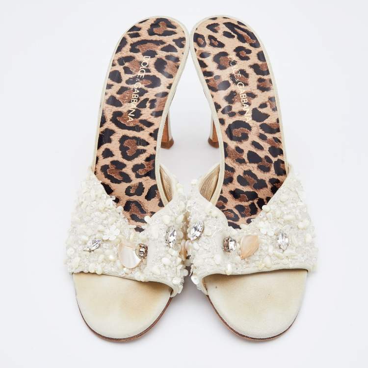 Pre Owned Dolce & Gabbana White Embellished Suede Slide Sandals Size 38