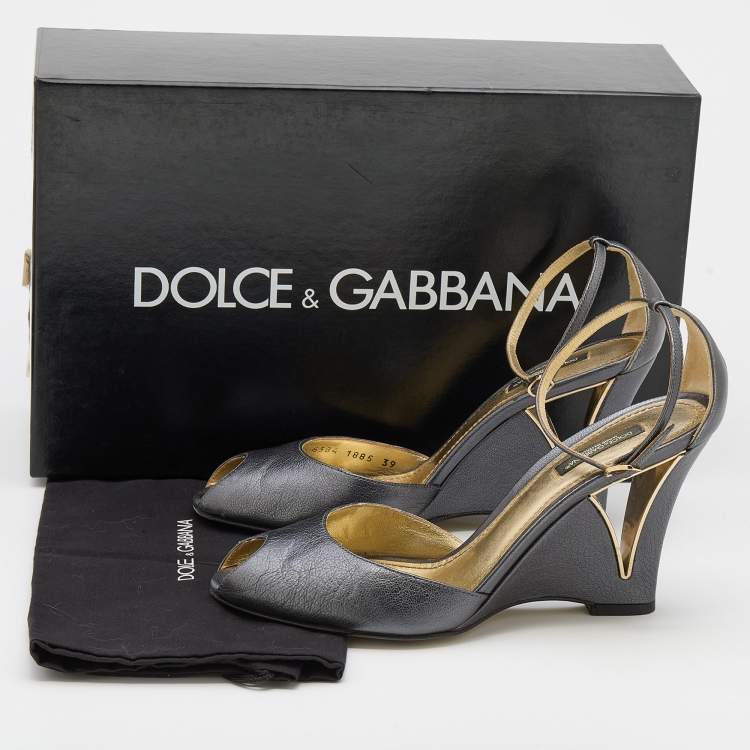 Pre Owned Dolce & Gabbana Metallic Grey Leather Ankle Strap Peep Toe Wedge Sandals Size 39